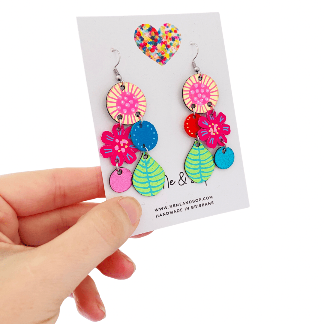 Bouquet of Blooms - Midi Green Leaf - Leather Earrings