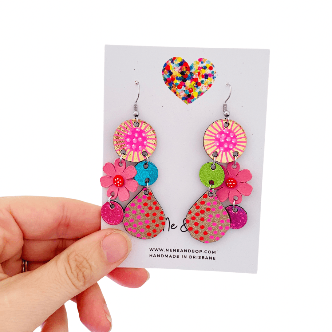Bouquet of Blooms - Midi Pink- Leather Earrings