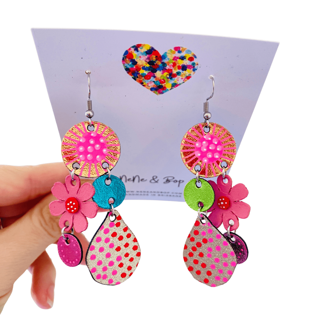 Bouquet of Blooms - Midi Pink- Leather Earrings