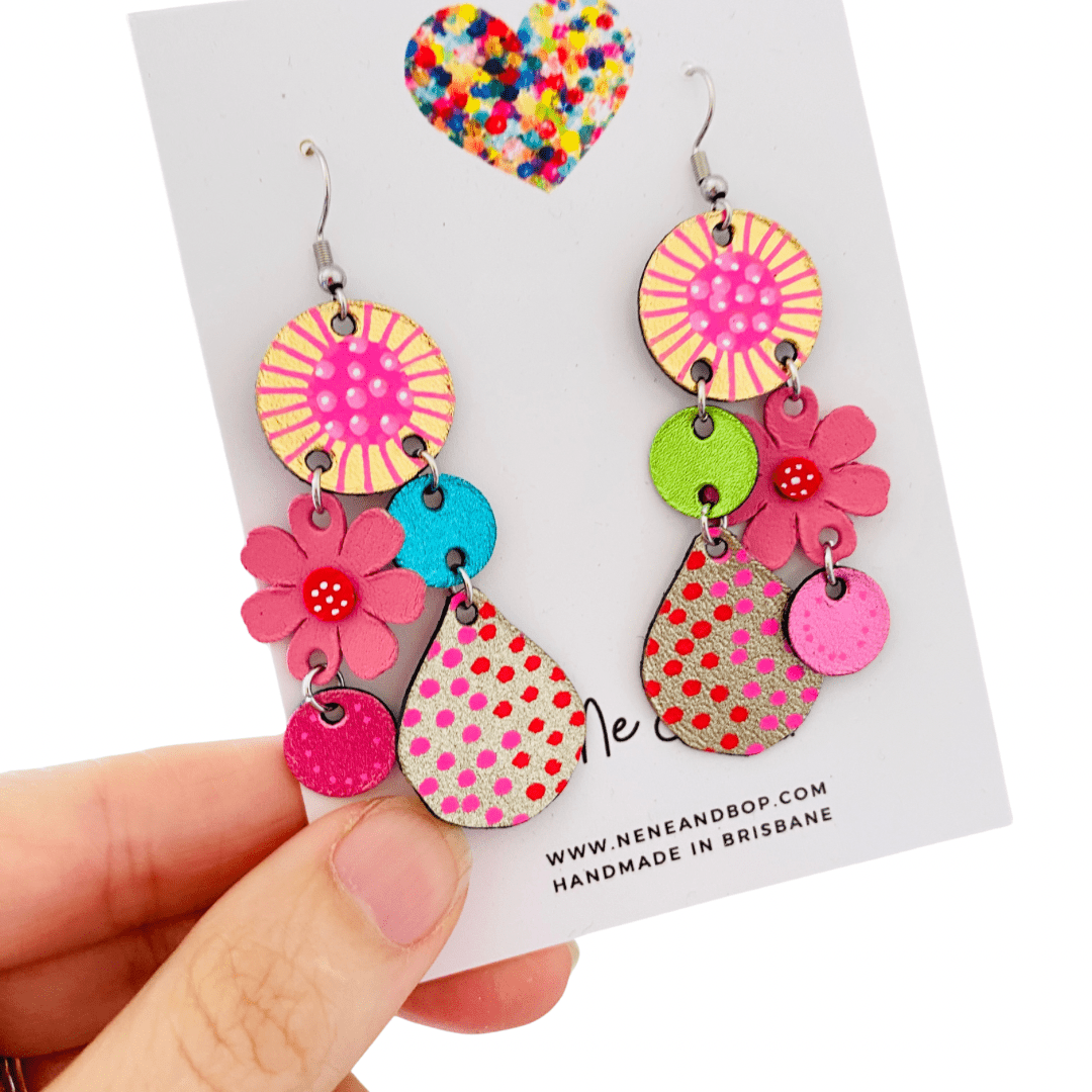 Bouquet of Blooms - Midi Pink- Leather Earrings