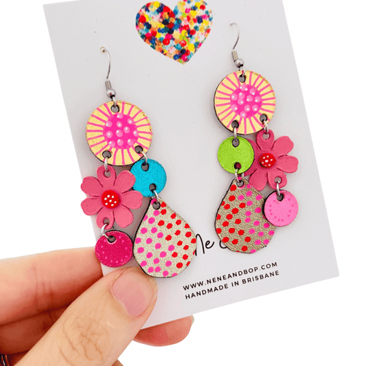 Bouquet of Blooms - Midi Pink- Leather Earrings