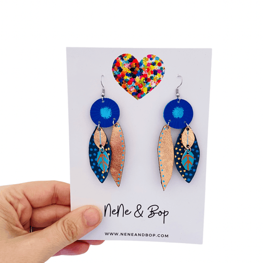 Bud and Leaves - Rose Gold Blue - Leather Earrings
