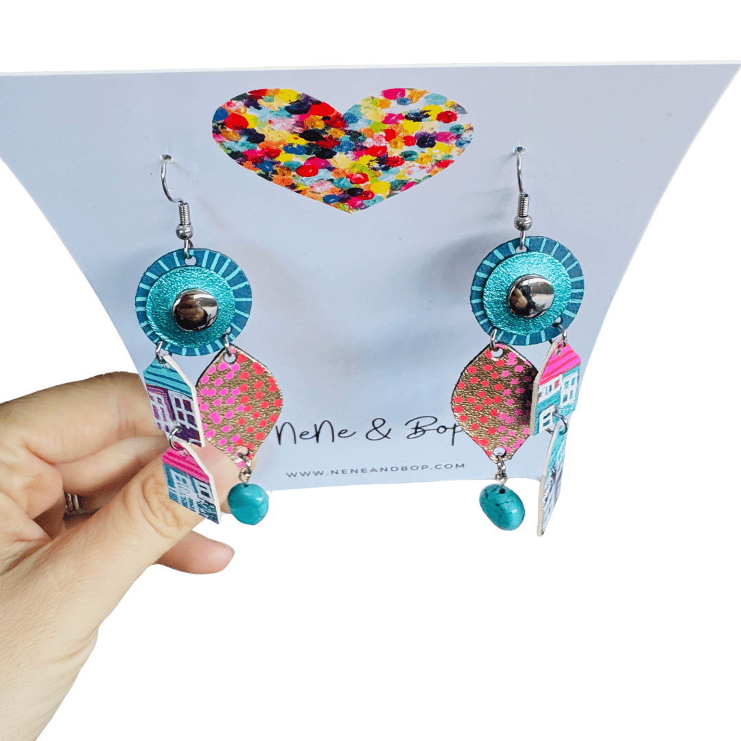 Home Sweet Home - Turquoise Gem - Leather Earrings