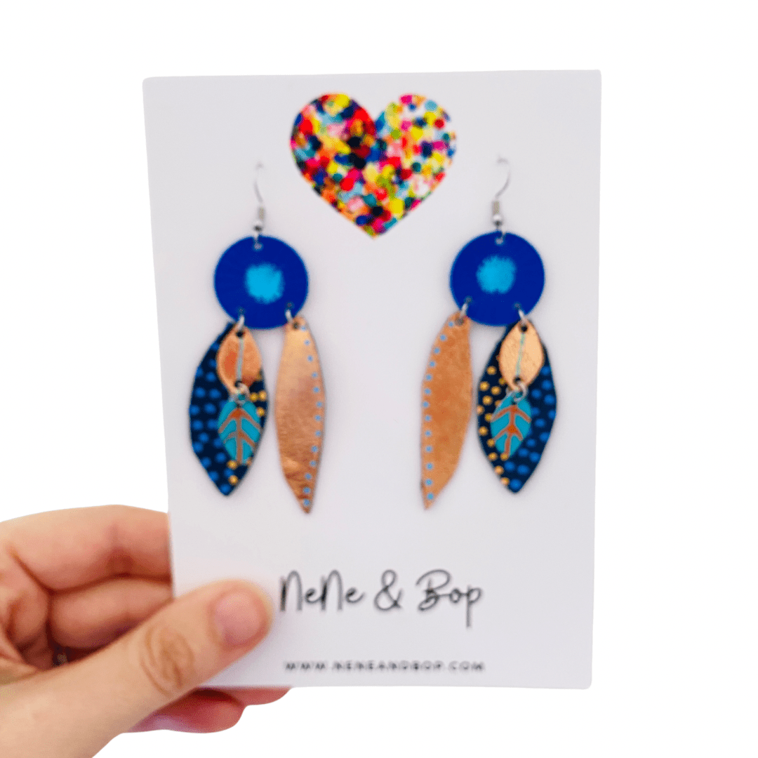 Bud and Leaves - Rose Gold Blue - Leather Earrings