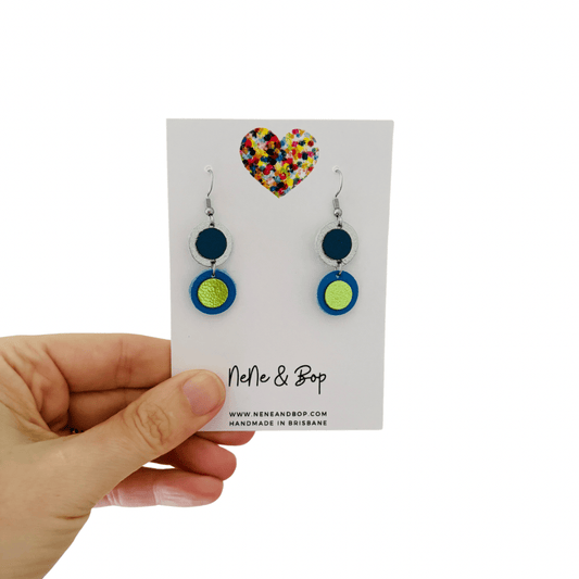Retro Pebbles - Silver/Blue/Green Pips - Mini - Leather Earrings