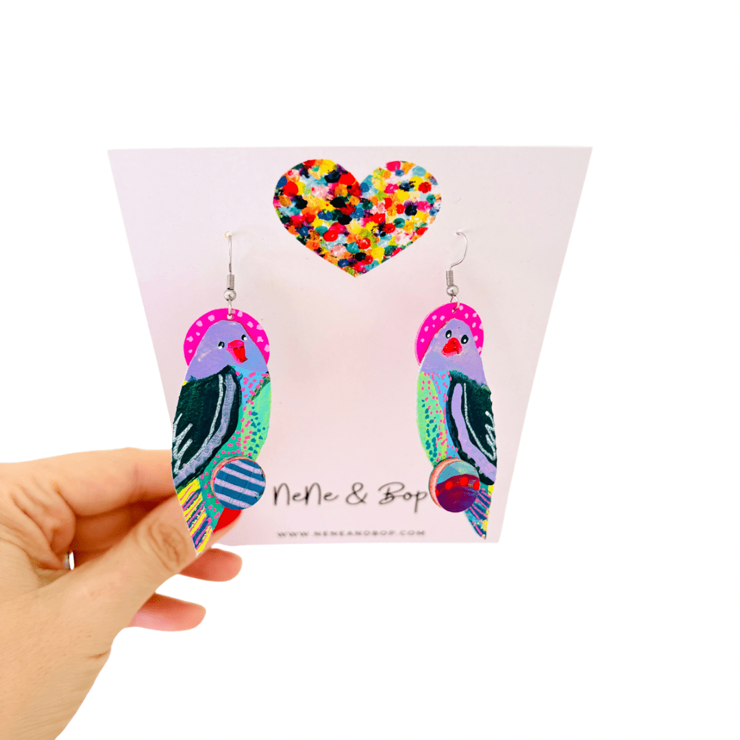 Hand-painted Parrot Dangles with Stitched Beak