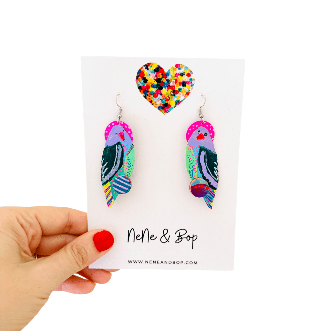 Hand-painted Parrot Dangles with Stitched Beak