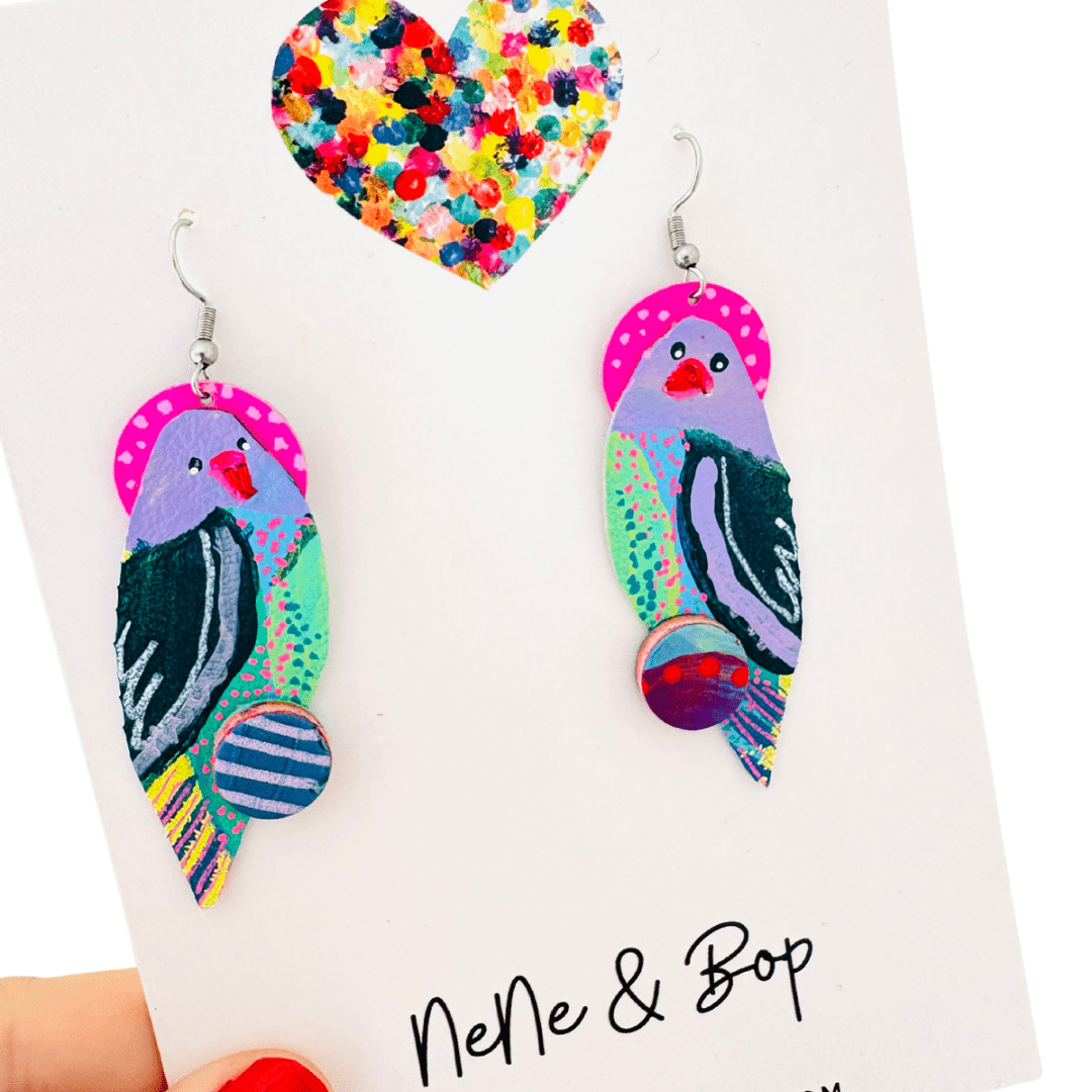 Hand-painted Parrot Dangles with Stitched Beak