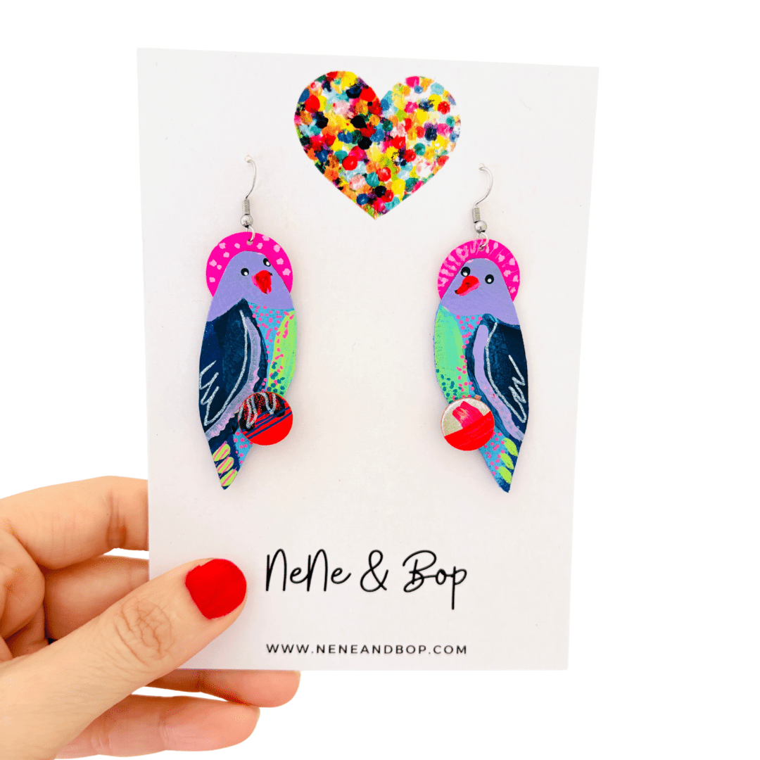 Hand-painted Parrot Dangles with Stitched Beak