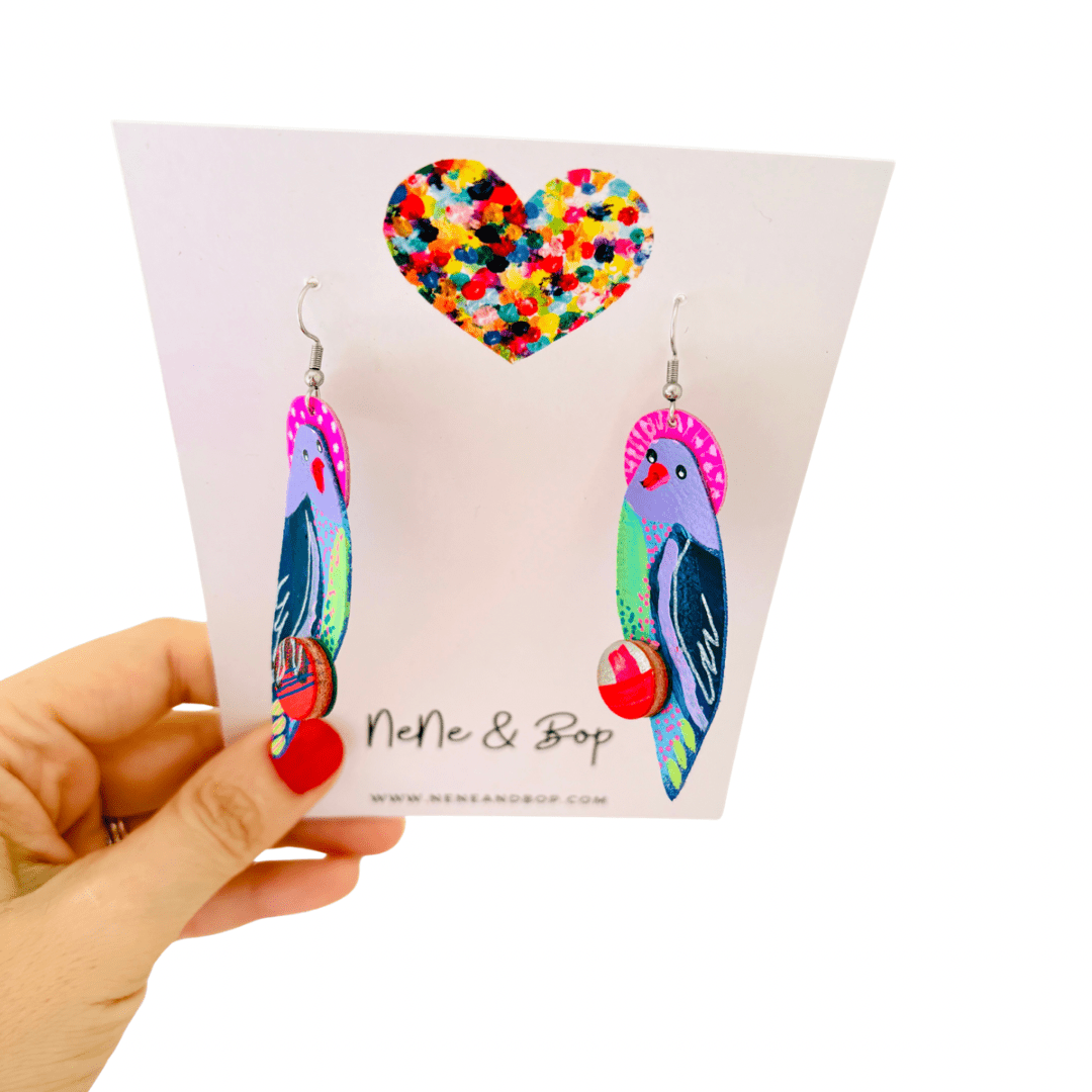 Hand-painted Parrot Dangles with Stitched Beak