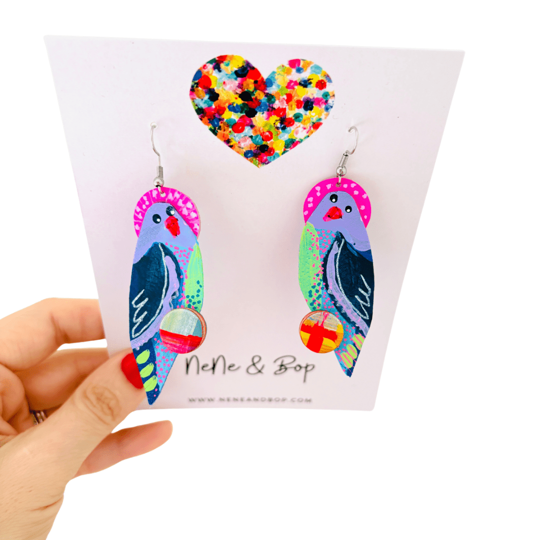 Hand-painted Parrot Dangles with Stitched Beak