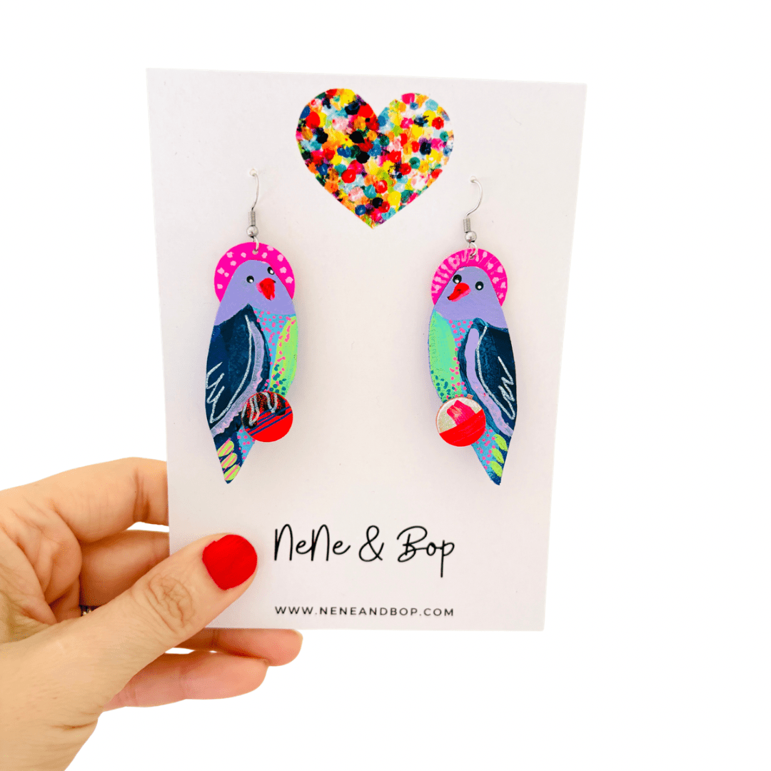 Hand-painted Parrot Dangles with Stitched Beak