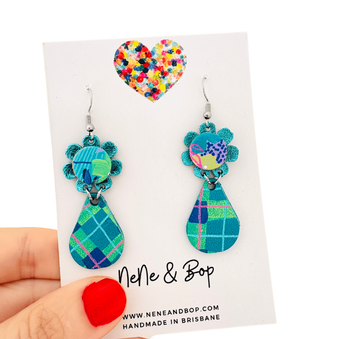 Plaid Petals Hand Painted Midi Drop Earrings - Teal