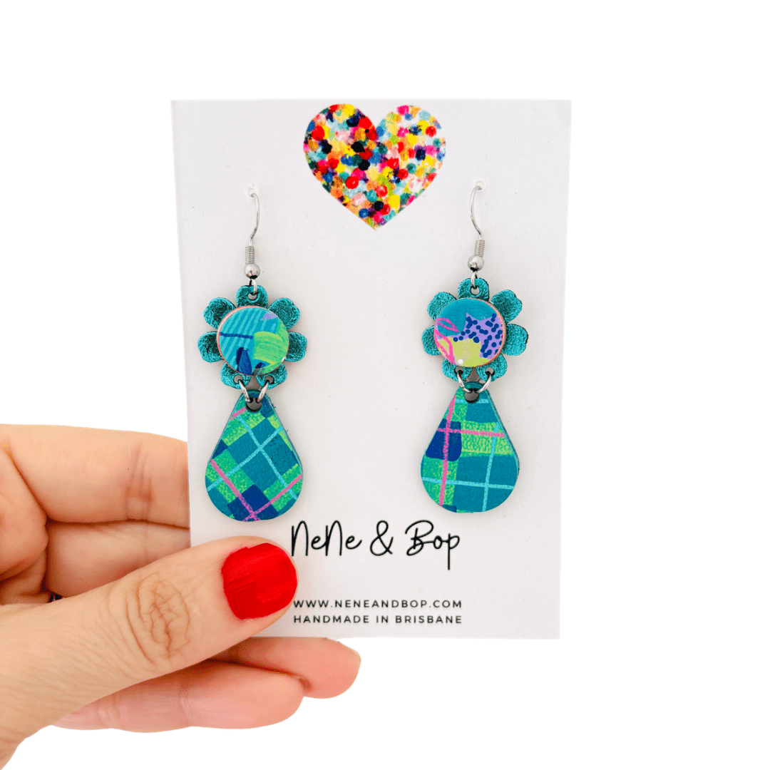 Plaid Petals Hand Painted Midi Drop Earrings - Teal