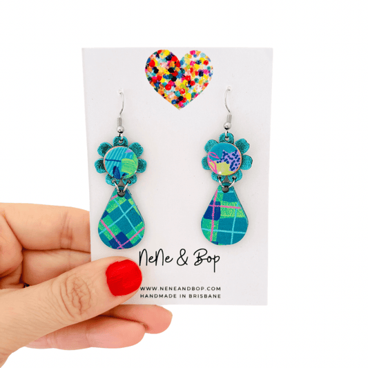 Plaid Petals Hand Painted Midi Drop Earrings - Teal