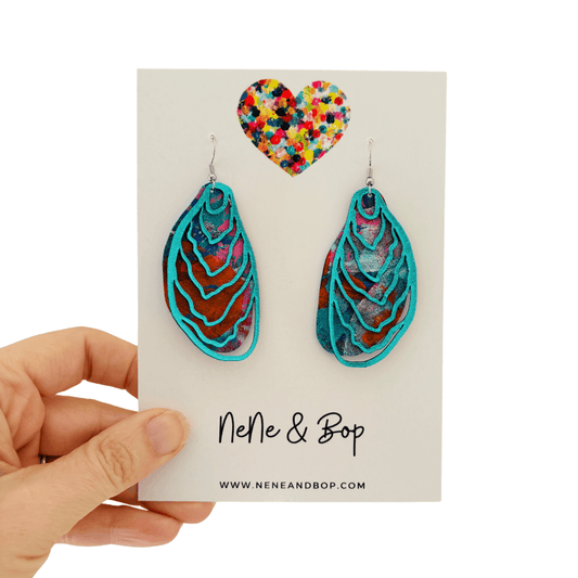 Wing Frames - Teal/Mottled Artwork - Leather Earrings