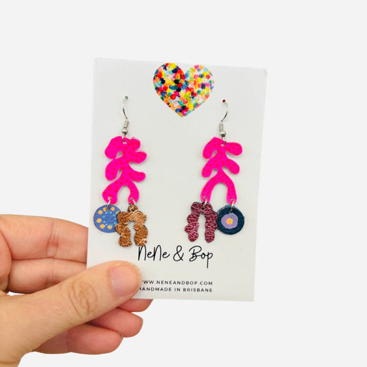 Organic Coral Collage - Pink/Lilac Spot - Leather Earrings