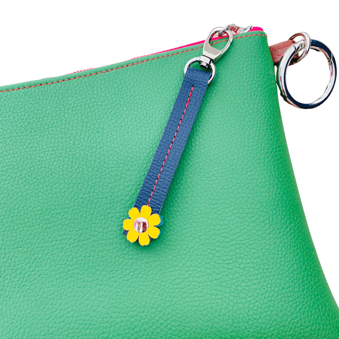 Block Colour with Fidget Flower Charm - Ochre/Green Leather Purse Plus+