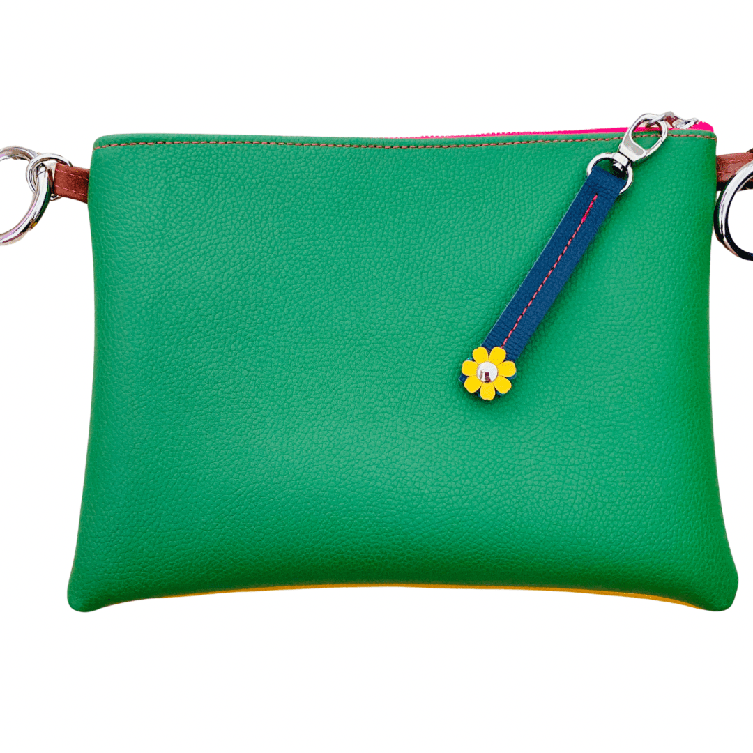 Block Colour with Fidget Flower Charm - Ochre/Green Leather Purse Plus+