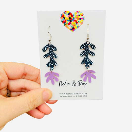 Simple Coral - Green/Navy Leaf - Leather Earrings