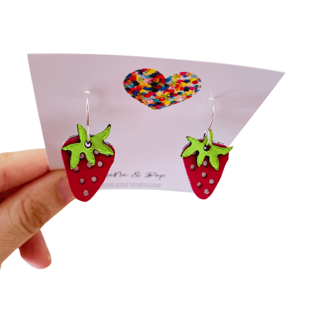 Strawberry - Red/Green Layered Leather Earrings