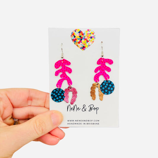 Organic Coral Collage - Pink/Navy Spot - Leather Earrings