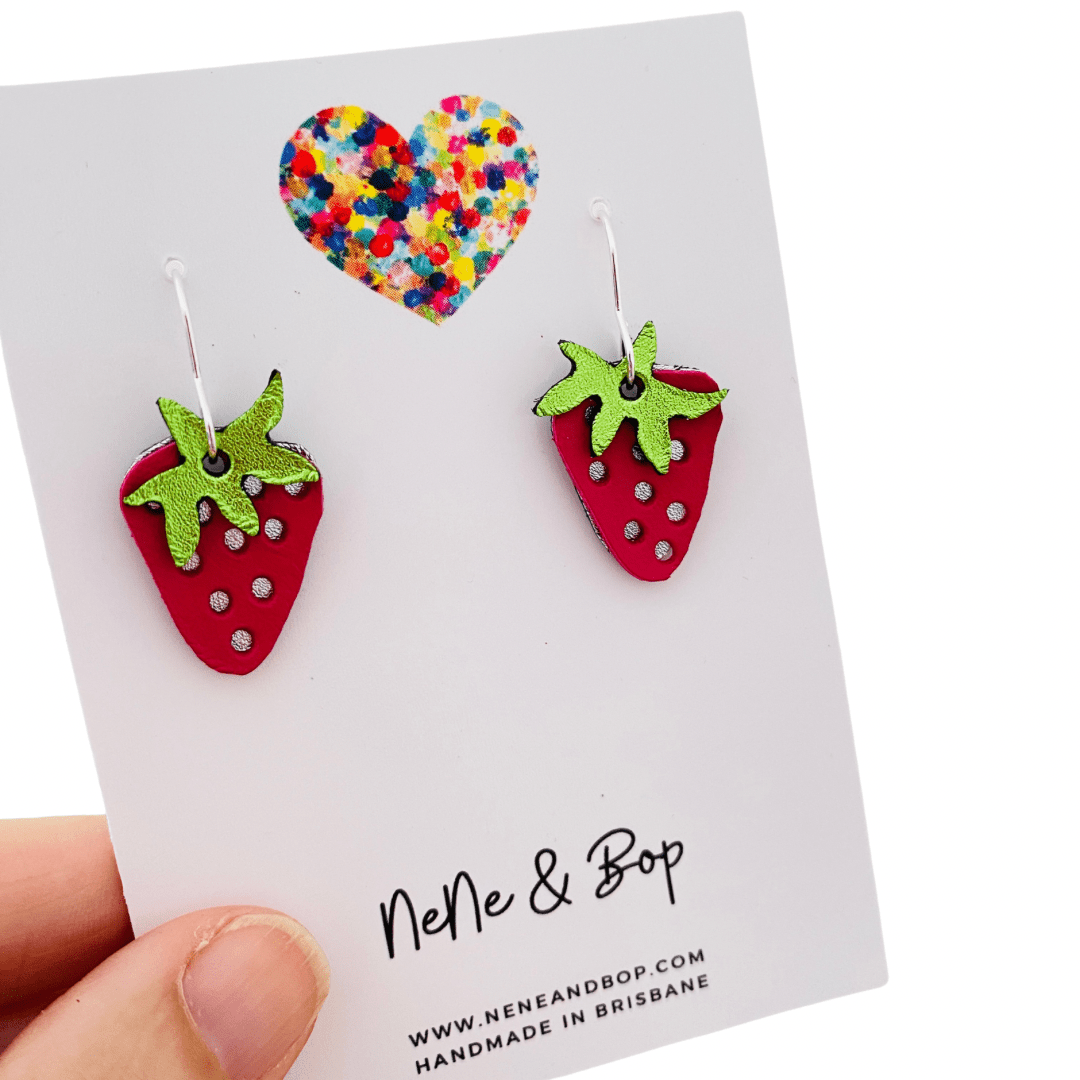 Strawberry - Red/Green Layered Leather Earrings