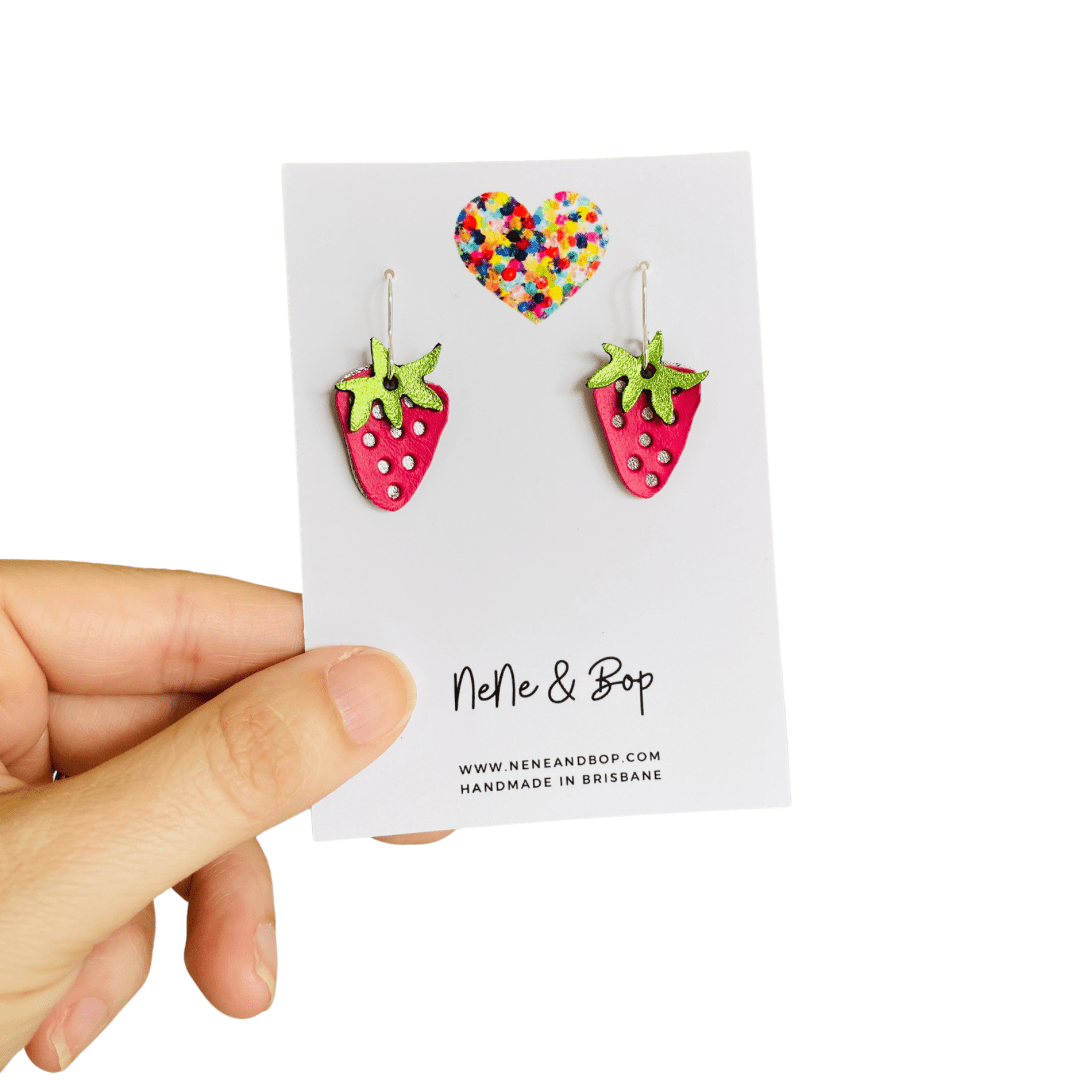 Strawberry - Red/Green Layered Leather Earrings