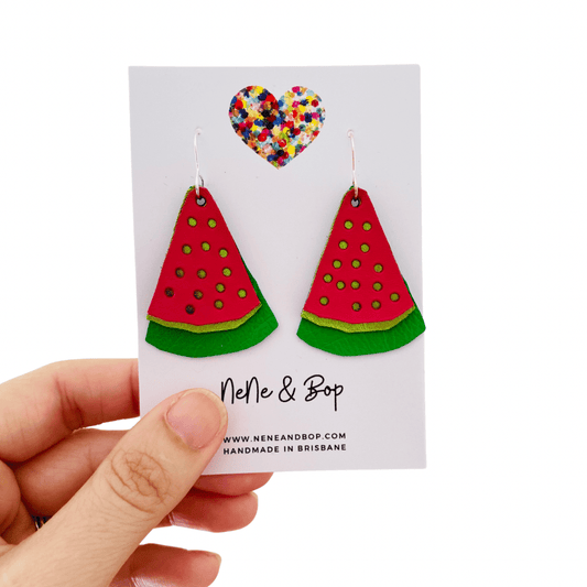 Watermelon - Green/Red Layered Leather Earrings