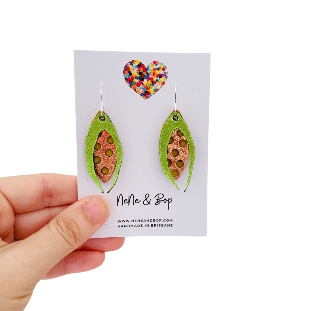 Sweetcorn - Green/Gold Layered Leather Earrings