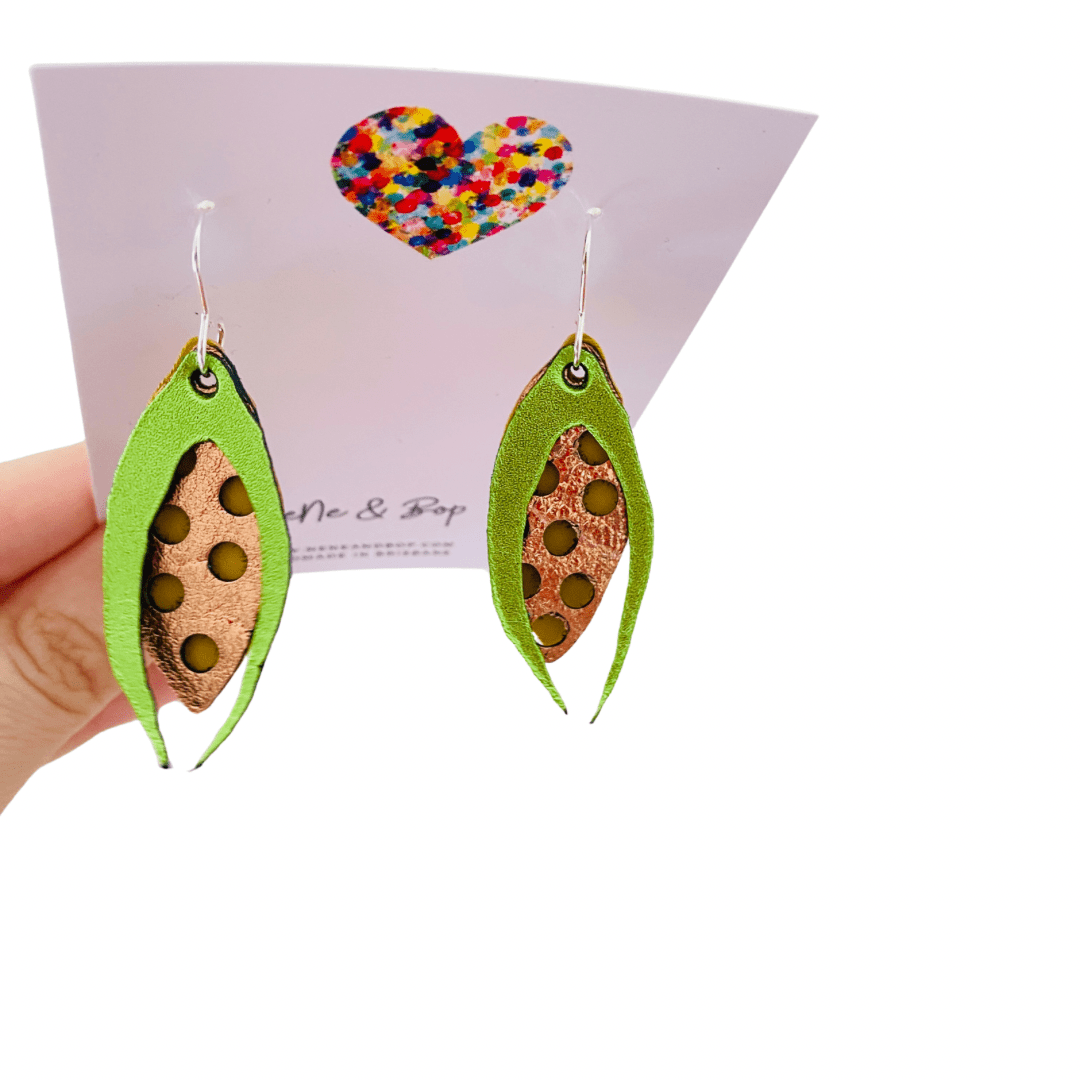 Sweetcorn - Green/Gold Layered Leather Earrings