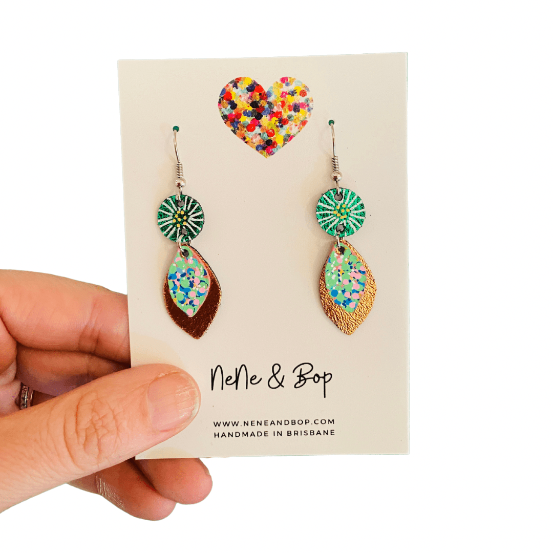 Opal Leaf Hand Painted Mini Drop Earrings - Green