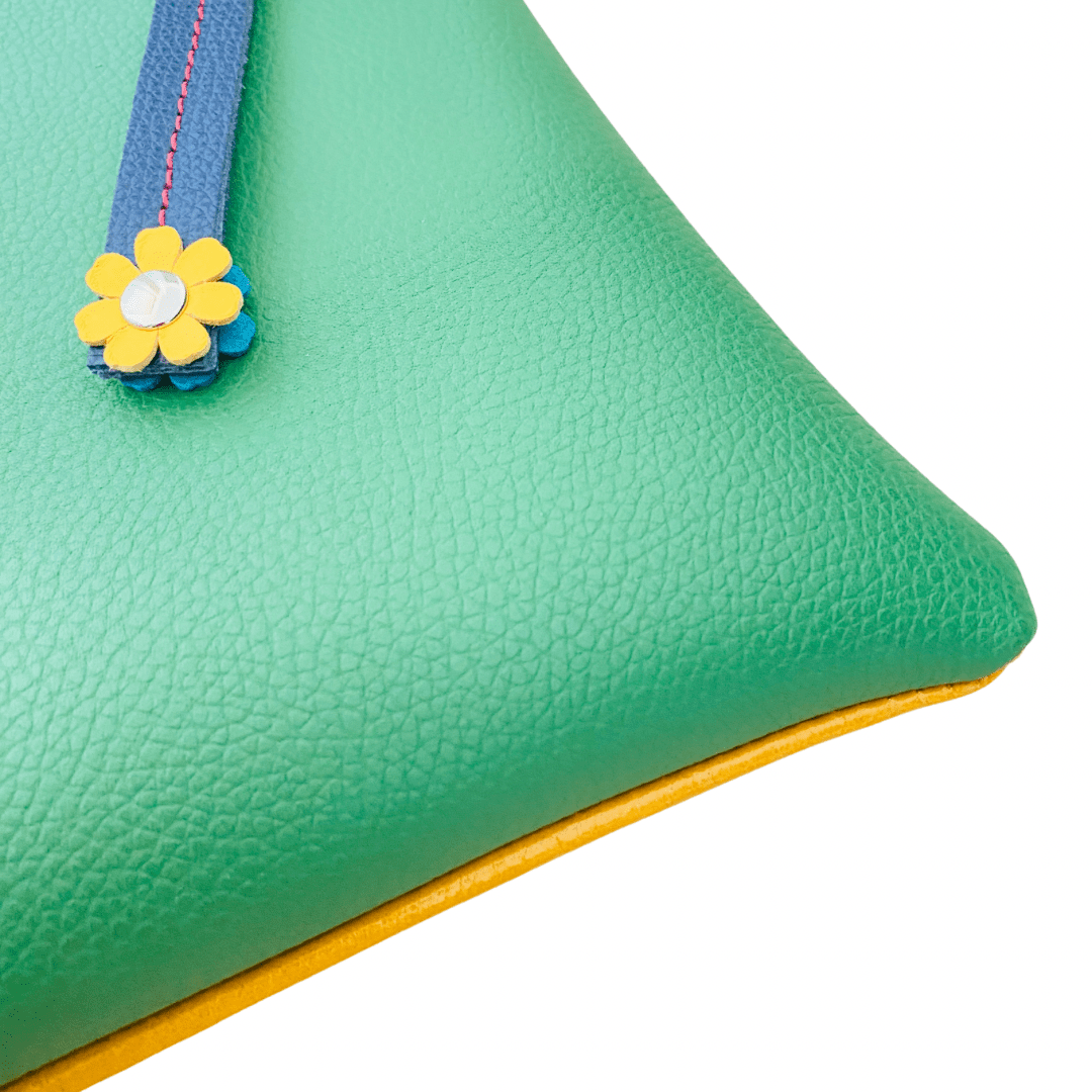 Block Colour with Fidget Flower Charm - Ochre/Green Leather Purse Plus+