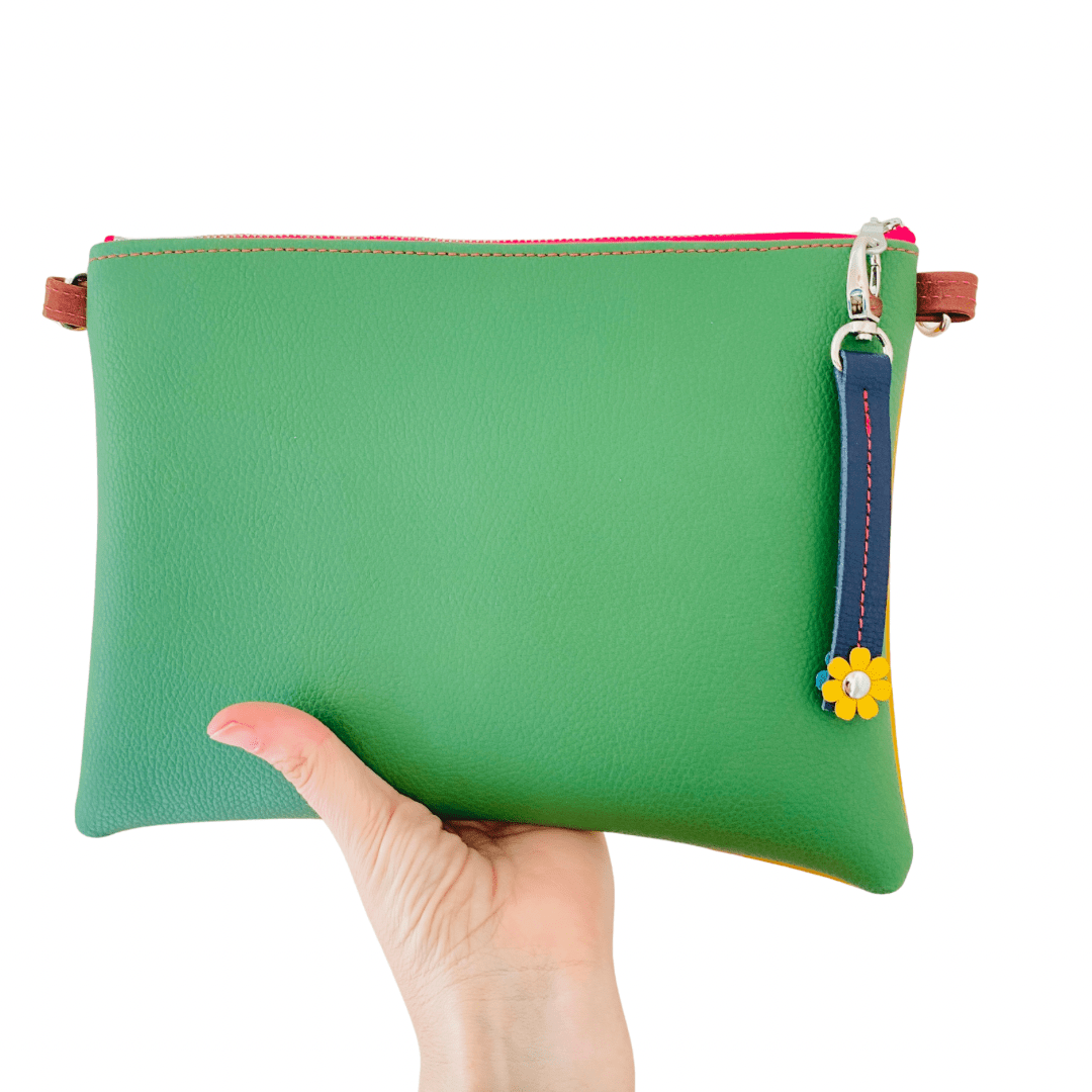 Block Colour with Fidget Flower Charm - Ochre/Green Leather Purse Plus+