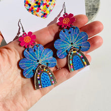 Load image into Gallery viewer, Sunshine and Rainbows - Pink Floral/ Blue - Leather Earrings