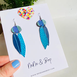 Buds and Leaves - Blue - Leather Earrings