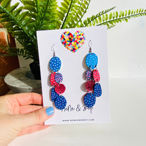 Pebbles - Blue/Red Spots - Mega - Leather Earrings