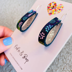 Loopy Lu - Navy Meadow Silver Short Hooks   - Leather Earrings