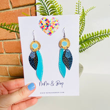 Load image into Gallery viewer, Buds and Leaves - Blue/Gold - Leather Earrings