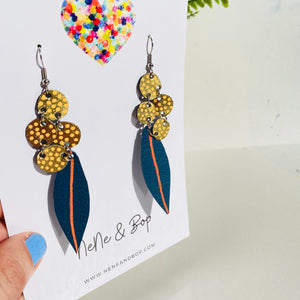 Wattle - Navy Orange Gold - Leather Earrings