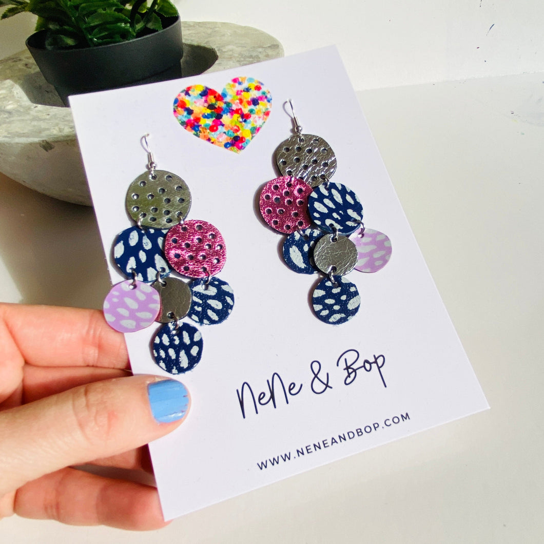 Pebbles - Silver/Navy/Pink - Mega - Leather Earrings