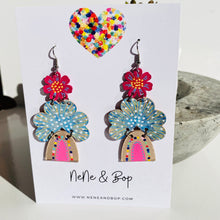 Load image into Gallery viewer, Sunshine and Rainbows - Pink Floral/light blue - Leather Earrings