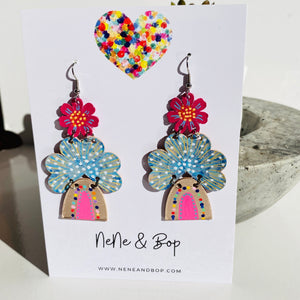 Sunshine and Rainbows - Pink Floral/light blue - Leather Earrings