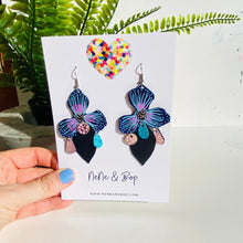 Load image into Gallery viewer, Painted Pansy - Navy - Leather Earrings