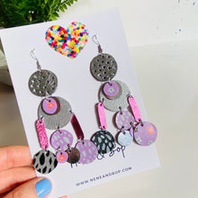 Load image into Gallery viewer, Asymmetric Pebbles - Silver/Lilac - Mega - Leather Earrings