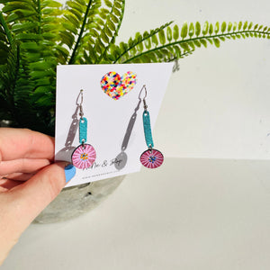 Single Bloom Gems - Pink - Leather Earrings