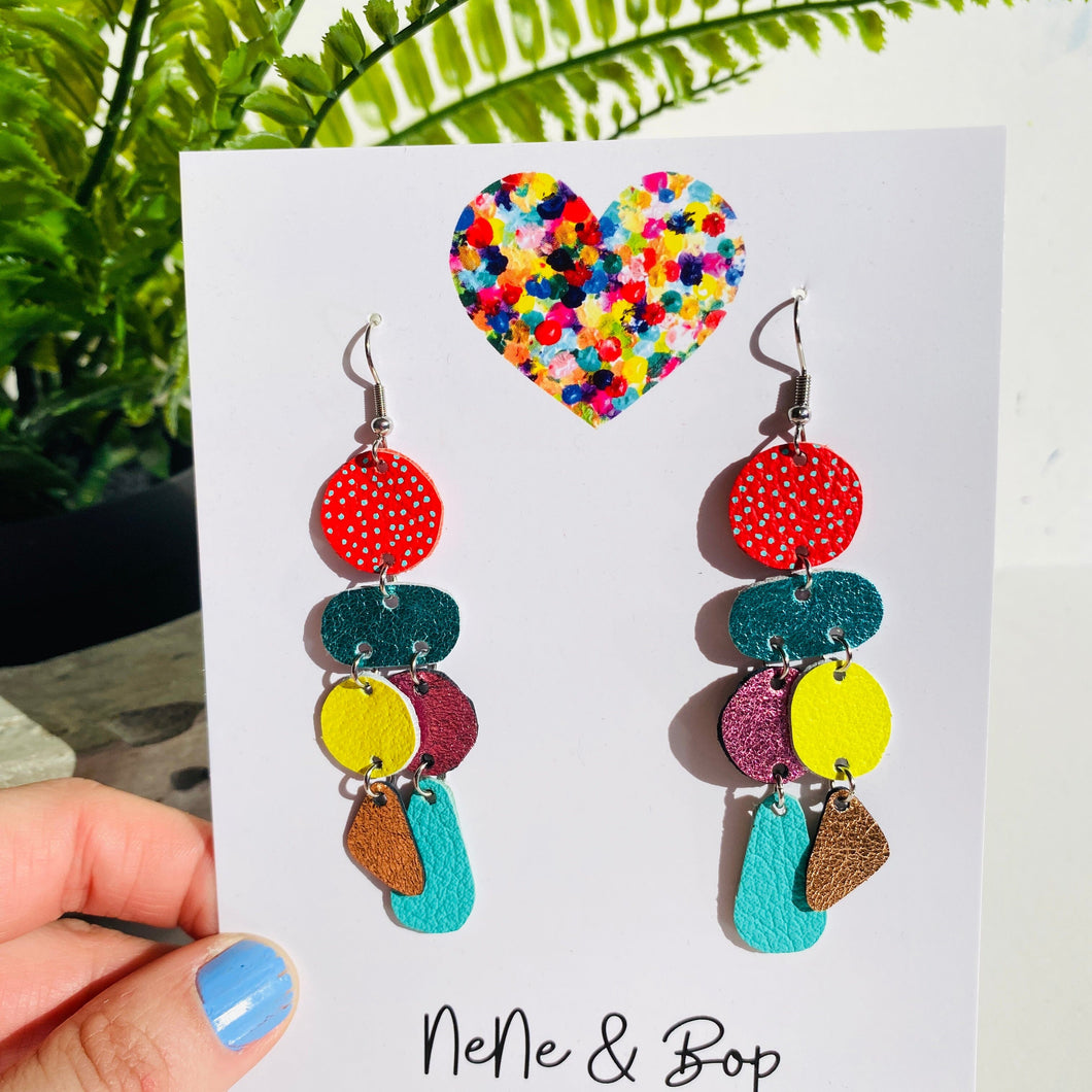 Pebble Gems - Red/Aqua/Rose Gold - Midi - Leather Earrings