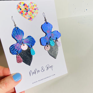 Painted Pansy - Navy - Leather Earrings