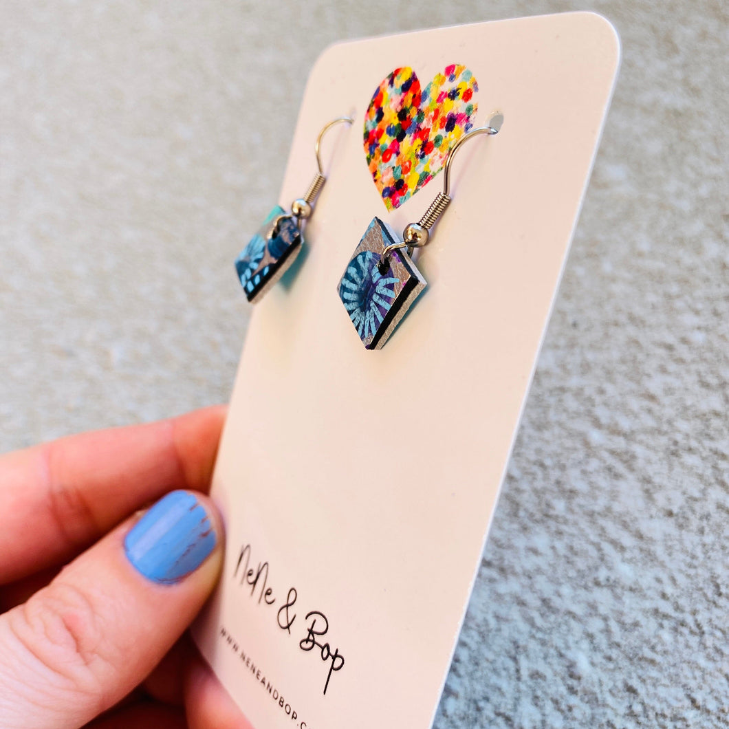 Mini Cubes 1 - Blue - Leather Earrings