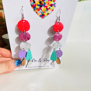 Pebbles - Red/Pink/Silver/Aqua - Mega - Leather Earrings